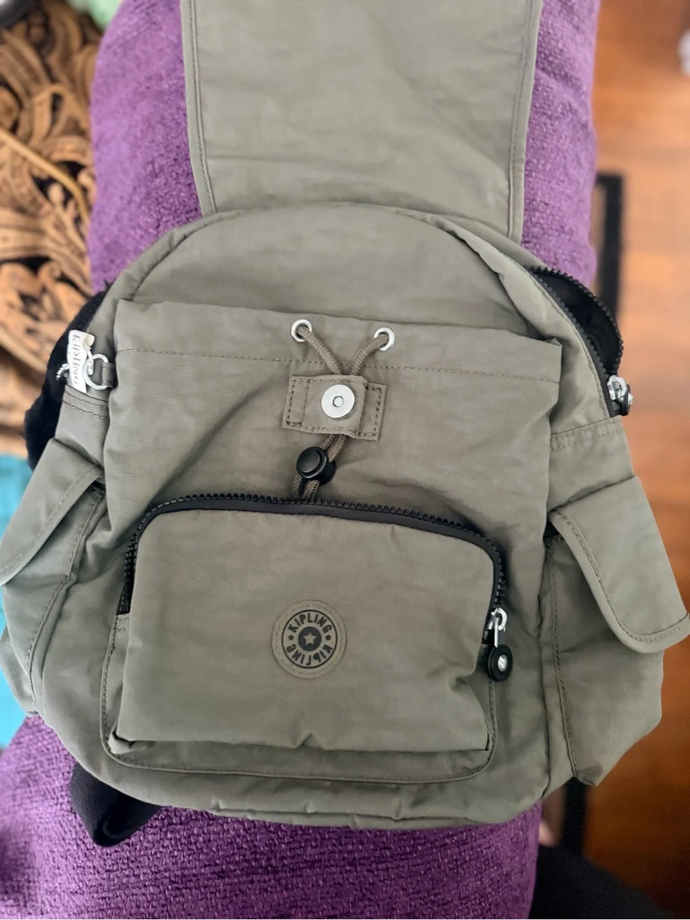 Kipling Olive Nylon Small Backpack with Monkey Charm